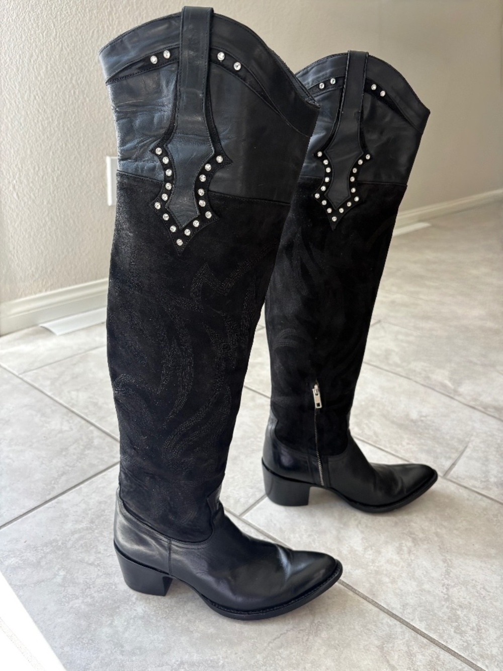 VINTAGE RARE!! OLD GRINGO Black Leather Suede Over Knee Crystal Western Boot 8 - Picture 11 of 15